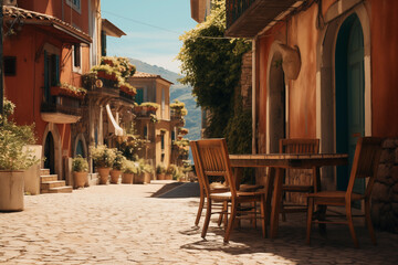 Fototapeta na wymiar An Italian cozy street on a sunny day with a perspective into the distance, a table and chairs on the side