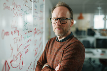 Portrait of a man in glasses in front of a wall covered with sketches and notes. A slide background for showcasing the brainstorming process. Created with Generative AI technology.