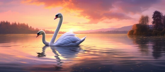 Two graceful swans glide across the tranquil lake, reflecting the colorful hues of the sunset in the water. The sky is scattered with fluffy clouds, creating a breathtaking natural landscape