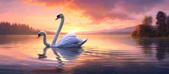 Rollo Two graceful swans glide across the tranquil lake, reflecting the colorful hues of the sunset in the water. The sky is scattered with fluffy clouds, creating a breathtaking natural landscape © AkuAku