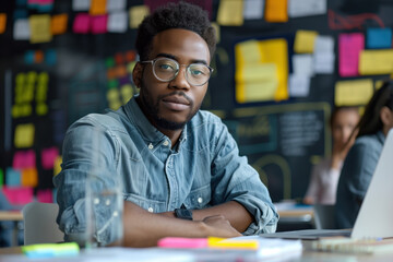 Obraz premium Portrait of a man in glasses in front of a wall covered with colored post-it notes. A slide background for showcasing the brainstorming process. Created with Generative AI technology.