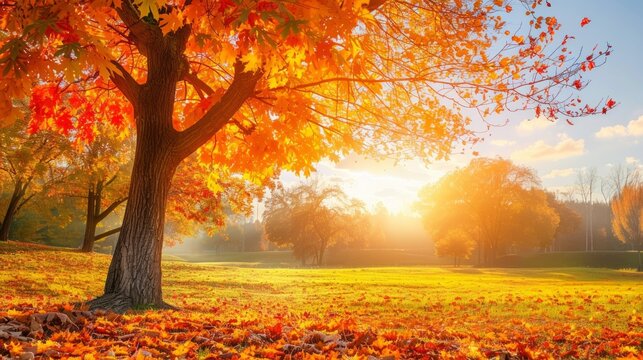 A vivid scene capturing the essence of autumn with brightly colored leaves dancing on a tree in a park, serving as a vibrant fall background.