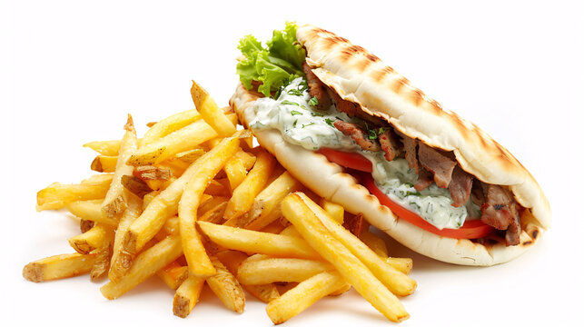 an artisan jucy fast food gyros with sauce, surrounded by golden and french fries on a white background