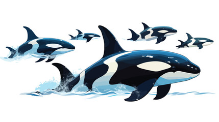 A majestic orca pod swimming in synchronized format