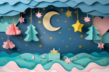Fototapeta na wymiar Christmas festival papercut style with star and giftbox