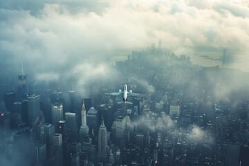 plane flying over a city at sunset, landscape of a plane over the city over the clouds