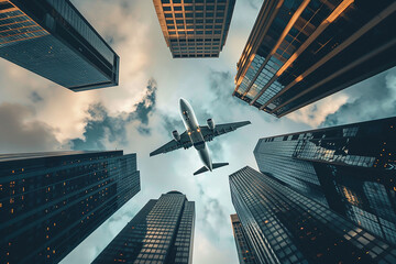 image of a plane flying through the sky between skyscrapers in a big city