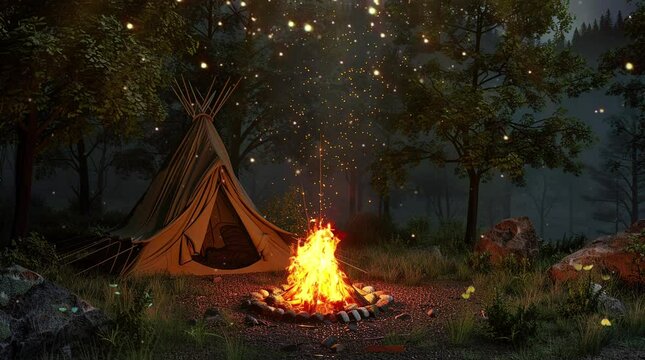 Forest Bonfire Retreat: Indian Tent Amidst Nighttime Woods Seamless looping 4k time-lapse virtual video animation background. Generated AI