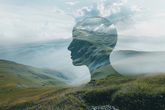 image of green meadows and mountains, on the image a transparent silhouette of a human being, representing man and nature, the search for the sustainability of the planet.