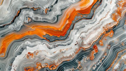 Abstract Marble Waves Acrylic Background. Gray Orange Marbling Texture. Agate Ripple Pattern. - obrazy, fototapety, plakaty