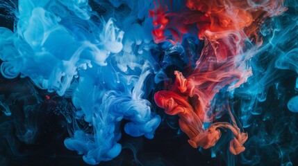 Abstract artistic expression of blue and red acrylic colors mixing in water, creating an ink blot pattern on a dark background. - obrazy, fototapety, plakaty