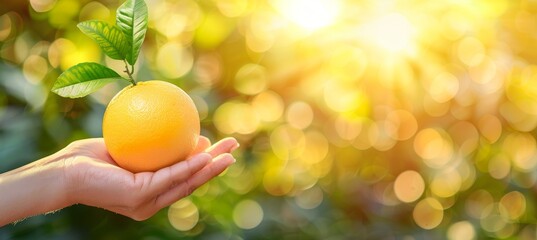 Organic orange held in hand, variety of oranges in background with space for text