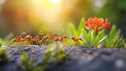 Ants in Harmonious Symphony Carrying Orange Flowers on Springtime Grasslands with Sunlight - obrazy, fototapety, plakaty