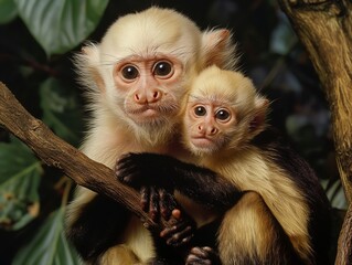 Two capuchin monkeys with expressive faces hugging on a tree branch, representing family and nurturing in the wild.