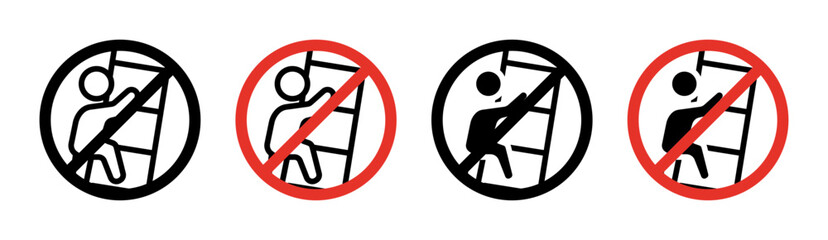 No Climbing Allowed Sign Icon Set. Safety prohibit climb vector symbol in a black filled and outlined style. Climb Restrict Sign.