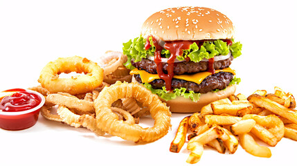 an artisan juicy  burger with sauce, surrounded by golden and french fries on a white background