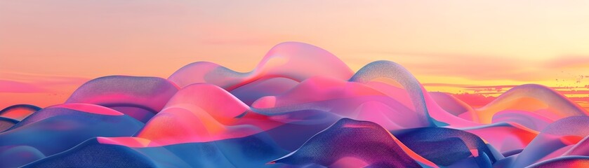 Colorful Abstract Landscape with Fluid Shapes and Sunset Sky, To provide a visually striking and dynamic design for digital art pieces, social media