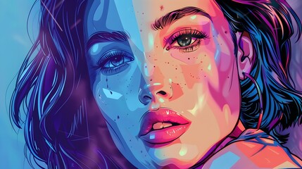 Digital Illustration of Split Face Woman with Striking Color Contrast, This digital illustration can be used for various purposes, such as magazine