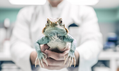 Young iguana in the hands of a veterinarian. International Veterinarian's Day. Front view. Close-up