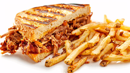 an artisan jucy fast food pulled pork with sauce, surrounded by golden and french fries on a white background