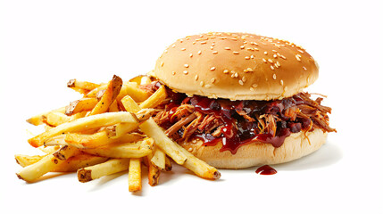 an artisan jucy fast food pulled pork with sauce, surrounded by golden and french fries on a white background