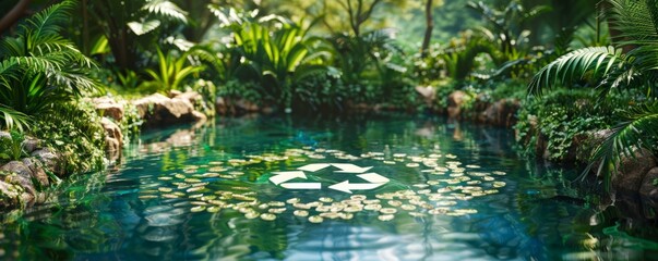 An abstract 3D-rendered icon that embodies the significance of recycling, portrayed through a tranquil pond located in the heart of an undisturbed jungle, featuring a recycling symbol at its core.