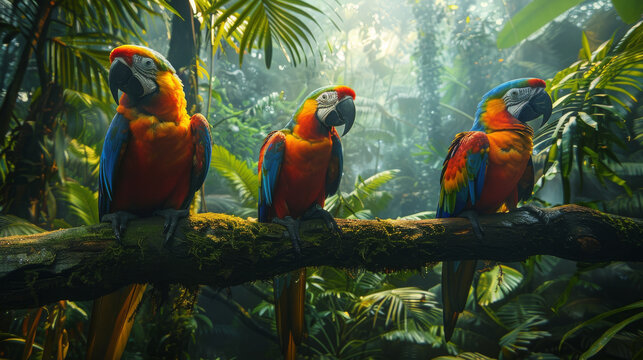 Three colorful parrots are perched on a tree branch in a lush jungle