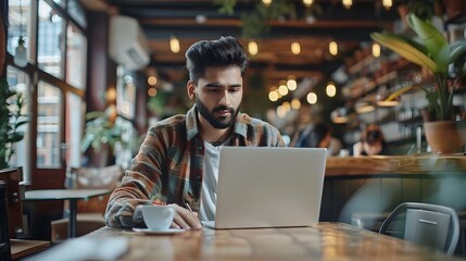Indian Freelancer Focused on Laptop in Bustling Cafe with Tattooed Female Companion