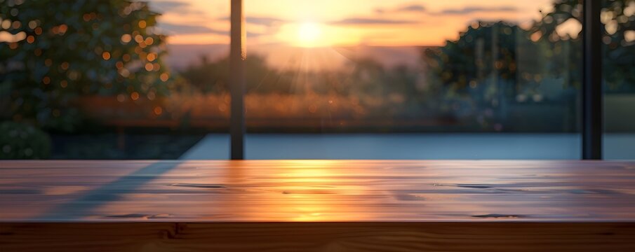 High Quality Wooden Table in Bright Interior with Sunrise-Inspired Color Palette, To provide a visually appealing and high-quality image of a wooden