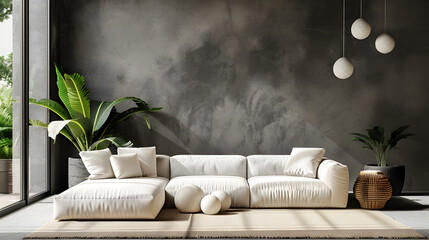 Modern living room interior design with white sofa and plant - obrazy, fototapety, plakaty