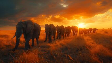 Majestic Elephant Herd Crossing African Savannah at Golden Hour, To showcase the beauty and majesty of African wildlife and the importance of