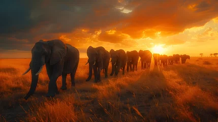 Foto op Canvas Majestic Elephant Herd Crossing African Savannah at Golden Hour, To showcase the beauty and majesty of African wildlife and the importance of © kiatipol
