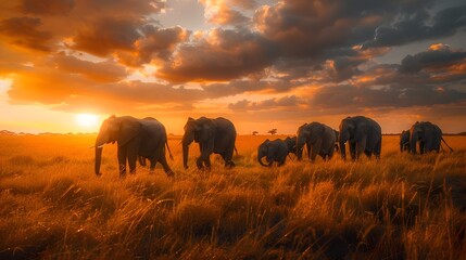 Majestic Elephant Herd Crossing African Savannah, To showcase the majesty and power of a herd of...