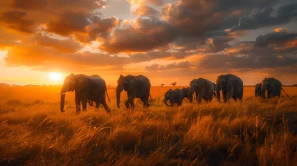 Poster Majestic Elephant Herd Crossing African Savannah, To showcase the majesty and power of a herd of elephants moving across the African savannah, © kiatipol