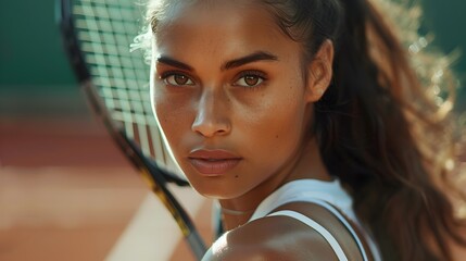Mixed Race Female Tennis Player in Intense Training, Portrait isole en gros plan - obrazy, fototapety, plakaty