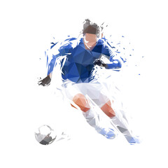 Female football player running with ball, soccer, low poly isolated vector illustration, geometric drawing from triangles - obrazy, fototapety, plakaty