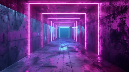 Futuristic passageway with neon shining in pink and light blue - obrazy, fototapety, plakaty