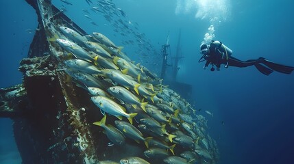 Fototapeta na wymiar Scuba Diver with Yellowtail Fish Near Shipwreck, To showcase the beauty of underwater exploration and the marine life that can be found near