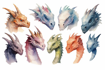 Fototapeta premium Set of watercolor dragon heads on a white background.