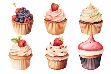 Set of watercolor cupcakes. Homemade desserts.