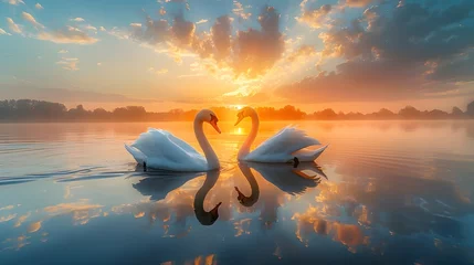 Badkamer foto achterwand Two Swans in Love Form Heart Shape at Sunset Lake Romantic Concept © kiatipol