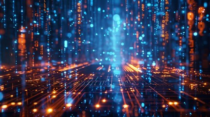 Obraz premium A striking visual of cascading binary code, resembling a digital rainfall on a glowing neon circuit board horizon.