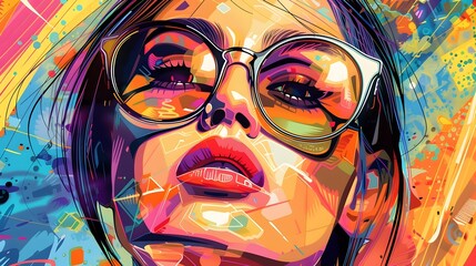 Urban Woman Radiating Confidence with Stylish Glasses in Vibrant Digital Illustration, The image is perfect for showcasing modern fashion, urban