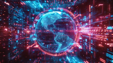 A vibrant depiction of Earth with flowing streams of binary data in a dynamic field of red and blue digital light.