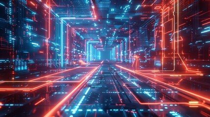 Venture into a corridor pulsing with data, illuminated by the neon glow of cybernetic streams in a futuristic digital world.
