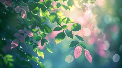 Vibrant Green and Pink Leaves Basking in Soft Sunlight, To provide an eye-catching and beautiful image of nature that showcases the intricate details
