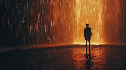 A man is standing in front of a fountain of water, looking at the cascading water with a serene expression - obrazy, fototapety, plakaty