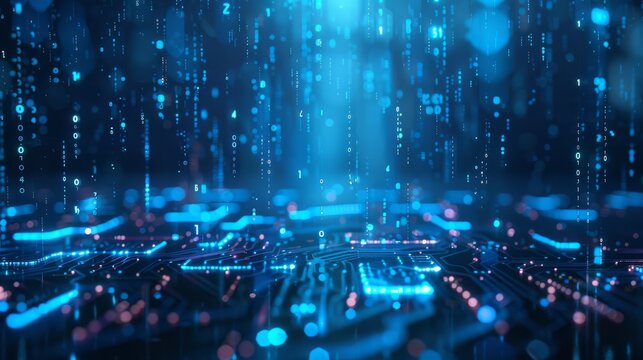 Digital rain of binary code cascades over a vibrant cyber circuitry landscape, depicting a matrix of information and technology.