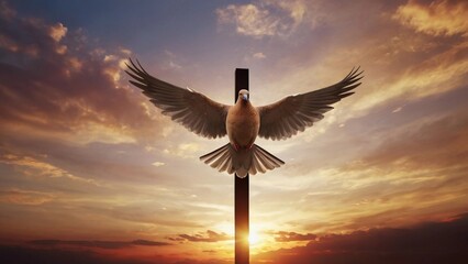 Holy Spirit. Winged Dove flying in front of the cross at sunset. Christian concept - obrazy, fototapety, plakaty