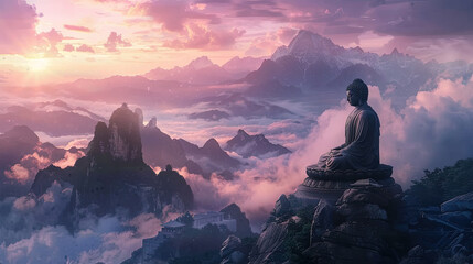 A statue of Buddha sits atop a mountain, overlooking the landscape below. The statue exudes peace and wisdom in its serene pose